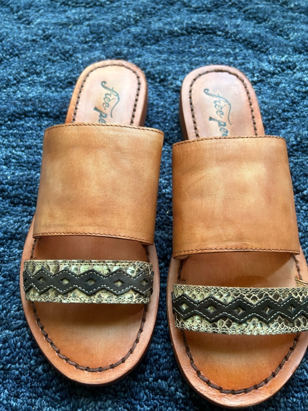 Free People Cognac Leather Slide Mules sandals with Embroidered Strap Size 8 - Picture 3 of 6